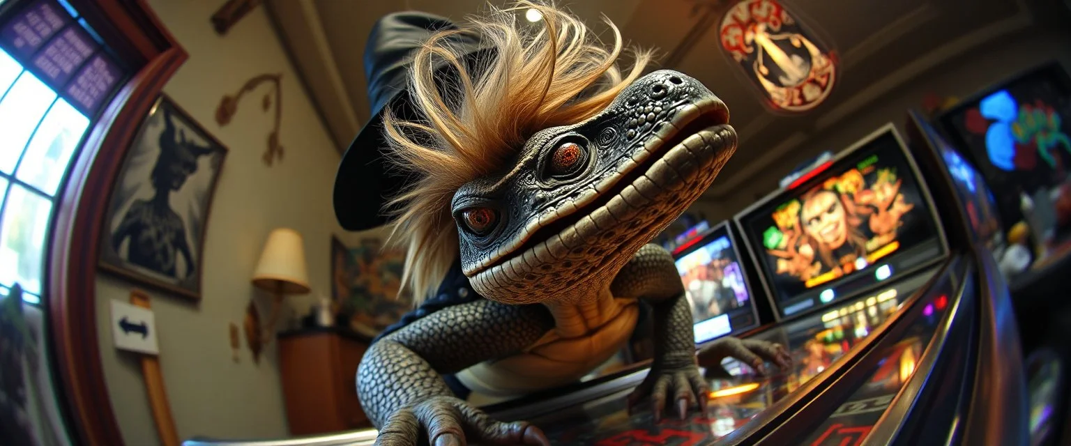 pinhole cam, master oil painting by Rembrandt, good afternoon bitch scary geek witch gecko orc dragon turtle with rocker hair, playing pinball