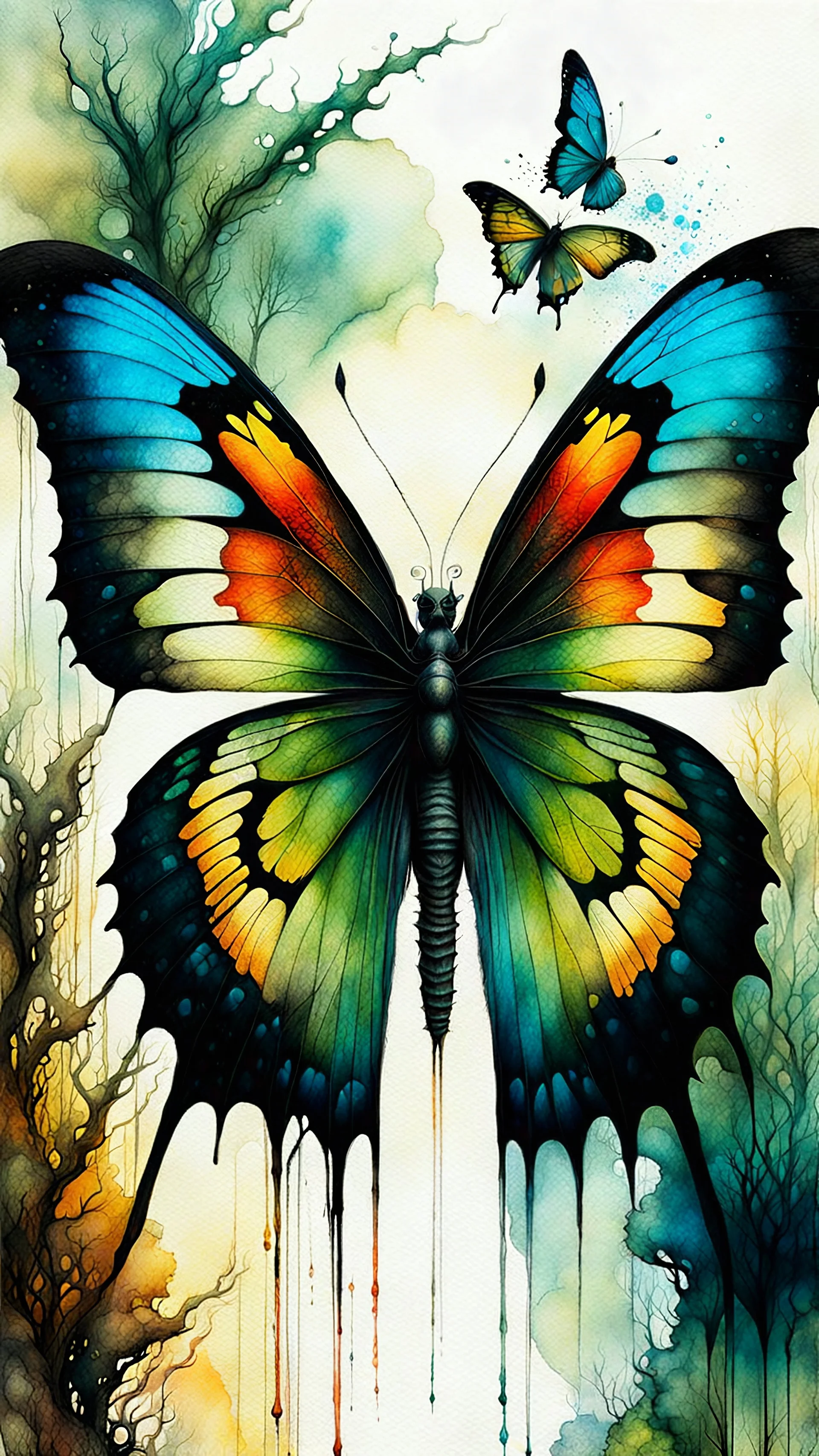 Zdzislaw Beksinski, and Peter Gric style ink wash and watercolor, full body illustration of a butterfly , highly detailed facial features, mixed to anatomical wings view, visible plant like skeletal structure, wildly flowing splash colours , 8k octane, all in focus, clean , no grain, ethereal, otherworldly concept art in vibrant natural colors