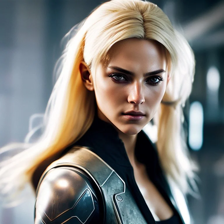 Photorealistic headshot of a beautiful fierce blonde assassin cyberpunk dynamic pose