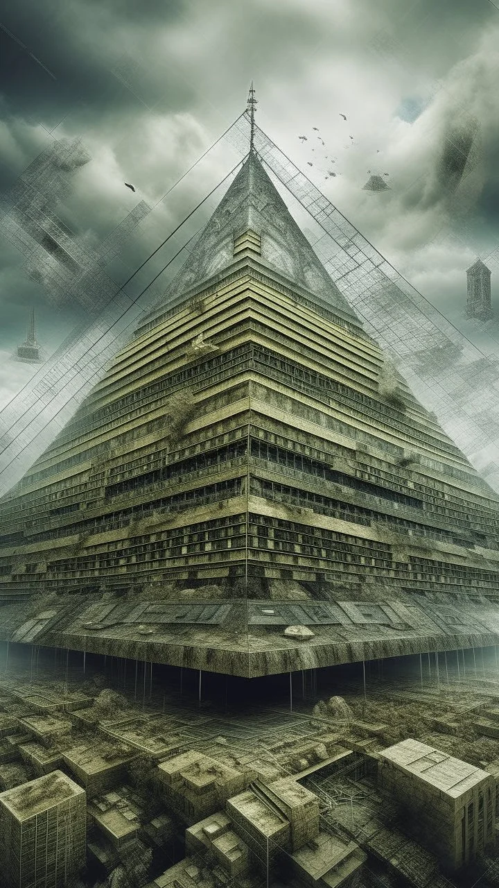 Synthography Art in Bocsh painting style generated Of a high rise The Pyramid shape building with visual details of mechanical and electrical components and chips and components textures with gray clouds storm in the background