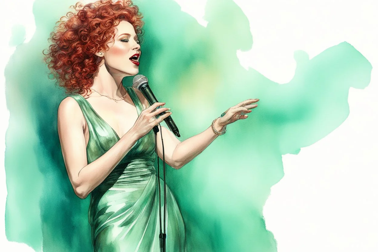 full figure, red curly hair upswept gorgeous singer on a stage in front of a microphone, sleeveless rose gold shiny silk long dress, the dress goes down to bluish green, photorealistic watercolour
