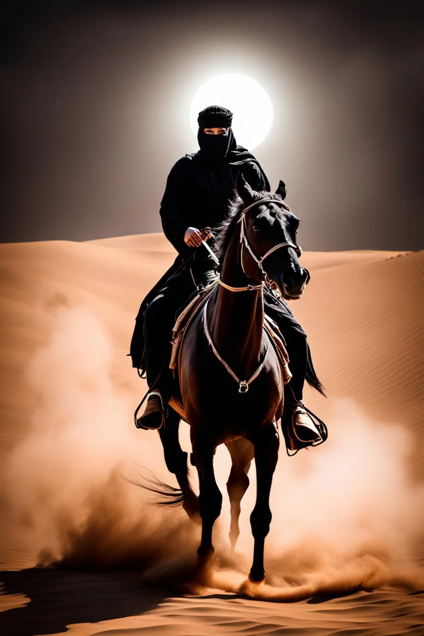 Photography Mistery of Black Ghost Man Arabian,driving on Black Horse,Walking alonely on desert darkness night background