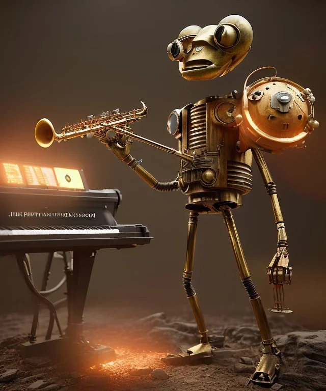 happy mechanoid person playing jazz with a steampunk theme, realistic