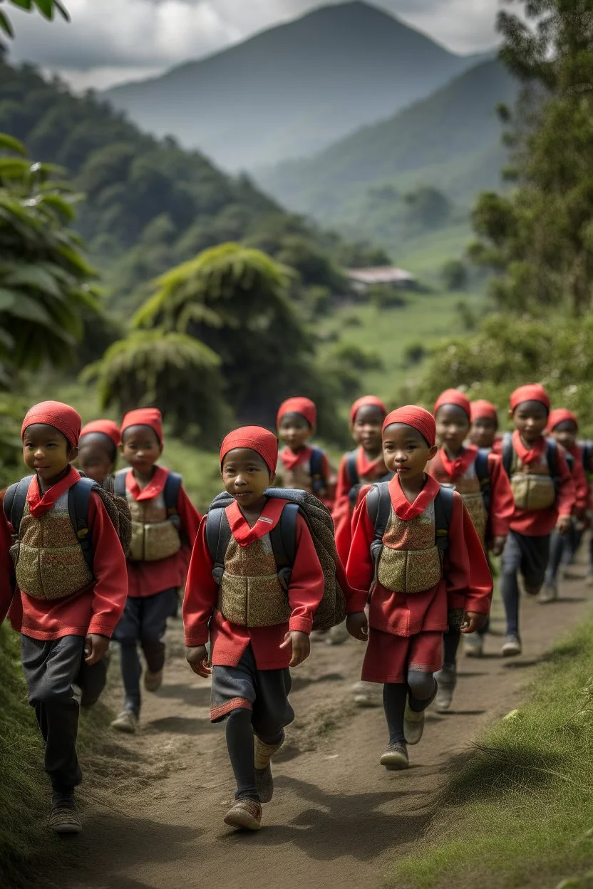 anak berangkat sekolah bertulis SMP Muhmmadiyah 2 sirampog didaerah pegunungan indonesia