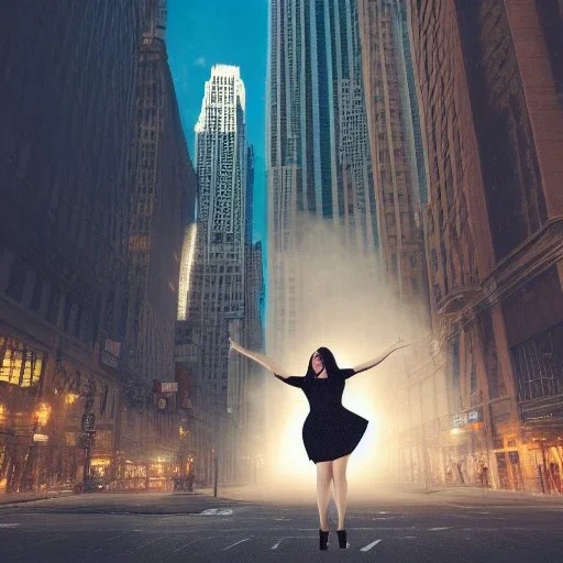 woman wearing a dress floating in the air, scared, downtown new york, dramatic, dramatic lighting, volumetric lighting, hyperrealism, 8k, high quality, photorealistic, lot of details