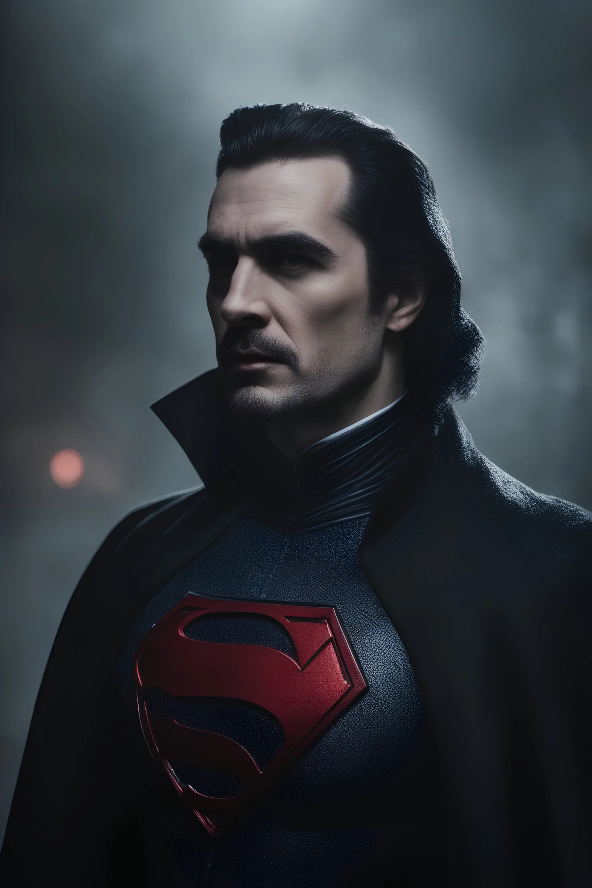 Count Dracula Superman - full color - 32k, UHD, 1080p, 8 x 10, glossy professional quality digital photograph - dark foggy gradated background, historic, powerful, octane rendering, exquisite detail, 30 - megapixel, 4k, 85 - mm - lens, sharp - focus, intricately - detailed, long exposure time, f8, ISO 100, shutter - speed 1125, diffuse - back - lighting, ((skin details, high detailed skin texture)),