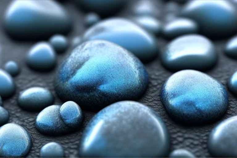 Blue raindrops on a rock, close up view, photo quality, stone marble, ultra realistic