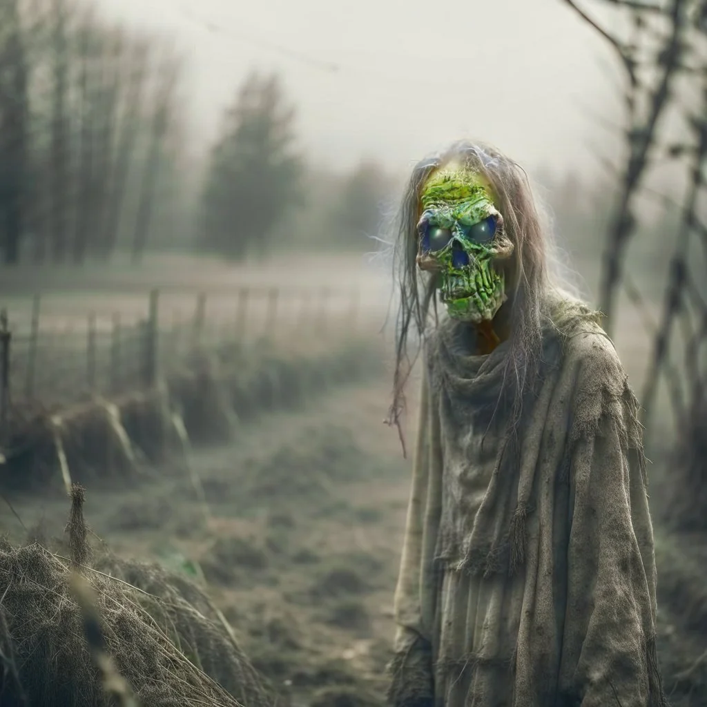 Countryside, morning, foggy. Gritty, raw portrait photo of obscene filthy demons and ghosts with creepy face, eerily mysterious, grainy, intricate patterns, details of the skin extremely accentuated