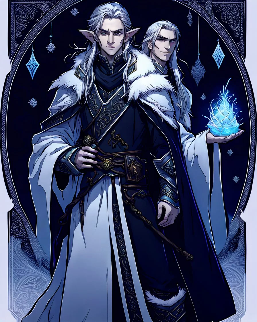 a young High Elf frost Wizard with long wiry hair, wearing a black trimmed white nobleman's robe and frost ornaments on clothes, with a small weasel on his shoulder