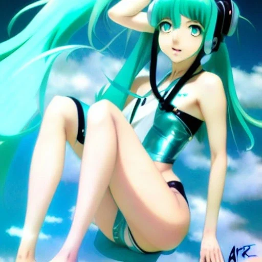 Anime art of beautiful Hatsune miku with beautifel legs by artgerm, ross tran, magali villeneuve, Greg Rutkowski, Gil Elvgren, Alberto Vargas, Earl Moran,, Art Frahm, Enoch Bolles