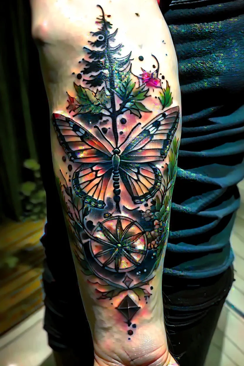 compass tattoo tree butterfly