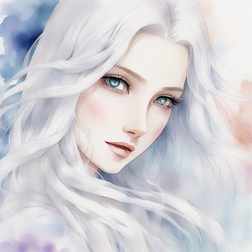 a close-up headshot of a young woman with long white hair, silver eyes with long lashes, pale skin, a slim delicate build, prone to illness, shy, anime style, intricately detailed, splotchy watercolor background