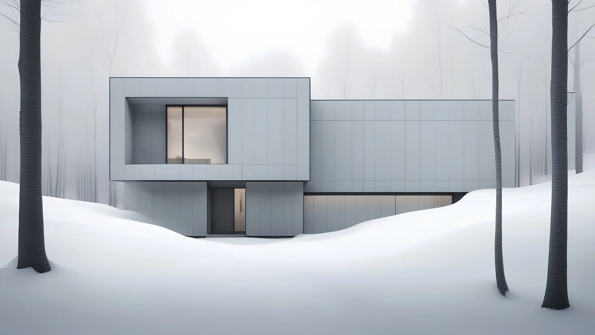 Modern and minimalist house in a winter environment is light gray, with vertical siding that gives it a subtle texture. There are small rectangular windows and a visible door, all emitting warm light from the inside. The house is situated in a snowy landscape, with several bare trees scattered around, suggesting that it is winter or a cold region.