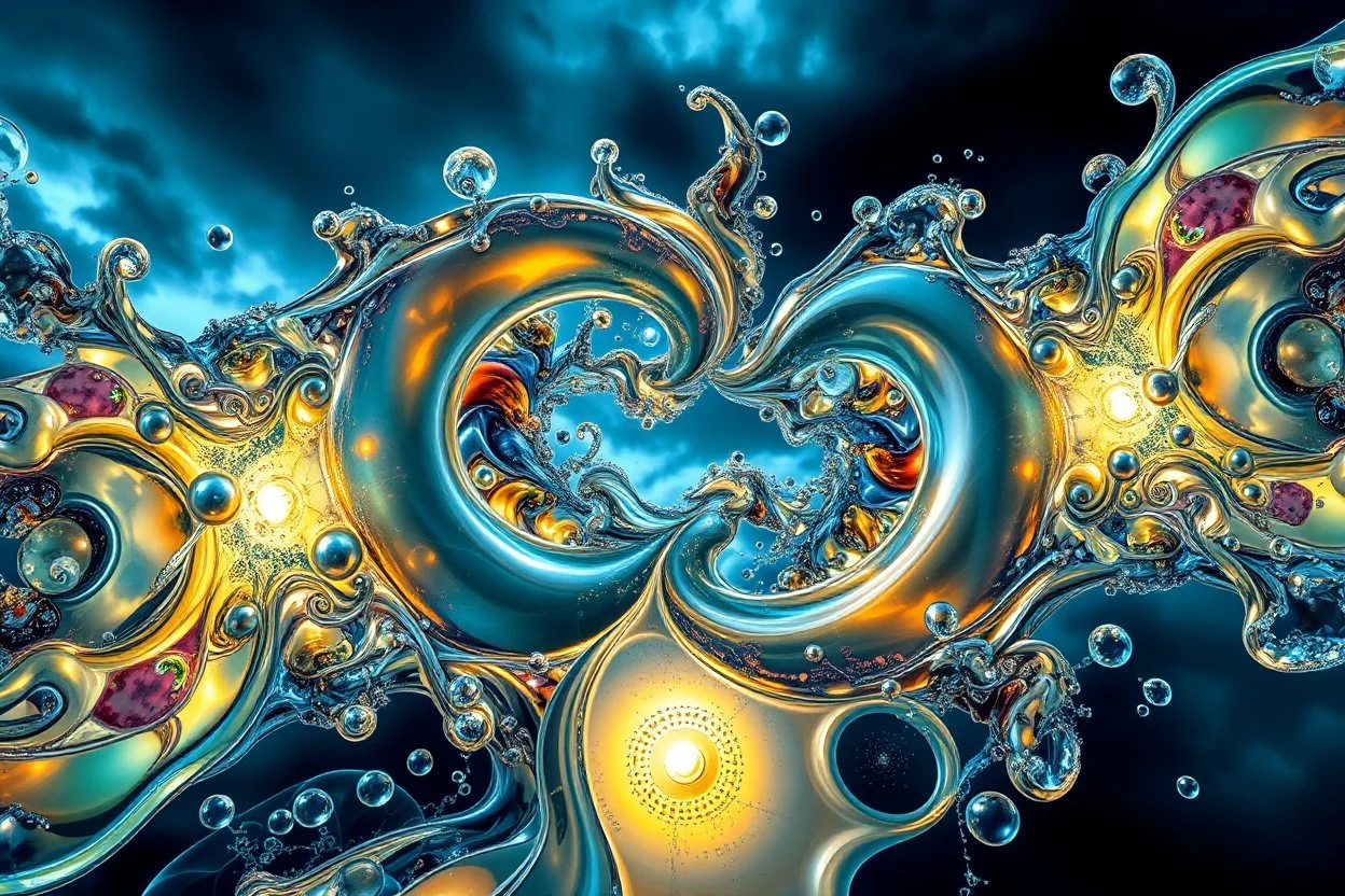 Dynamic complex hypnotic fractal 3D with horizontal Symmetry structures twisting and morphing between organic and geometric forms, smooth translucent iridescent glass with inner glow and bubbles, varied transparent materials, stormy skies, intense dramatic