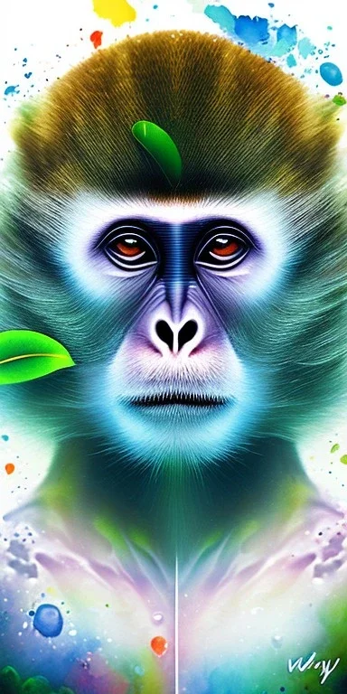 The tropic landscape diffused monkey's body, white background, aquarelle style