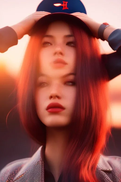 Mystery girl, red hat, head bowed. She has beautiful eyes. Her hair flies in the air., closed eyes, rtx, reflection, 8k, glow, winning photography, caustics