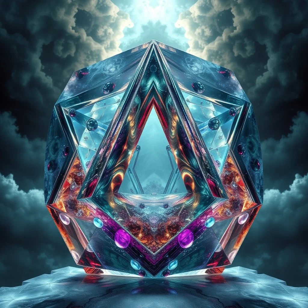 Dynamic hypnotic fractal 3D Pyramids pentagonal Symmetry and morphing between organic and geometric forms , smooth translucent iridescent glass with inner glow and bubbles, varied transparent materials, stormy skies, intense dramatic