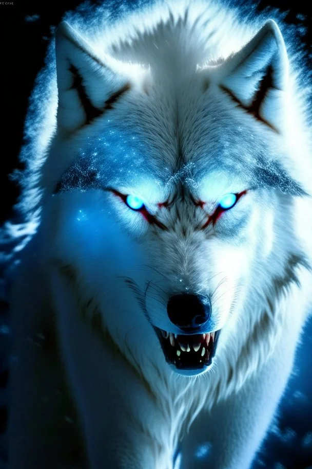 winter white gagantuan wolf beast angry glowing eyes