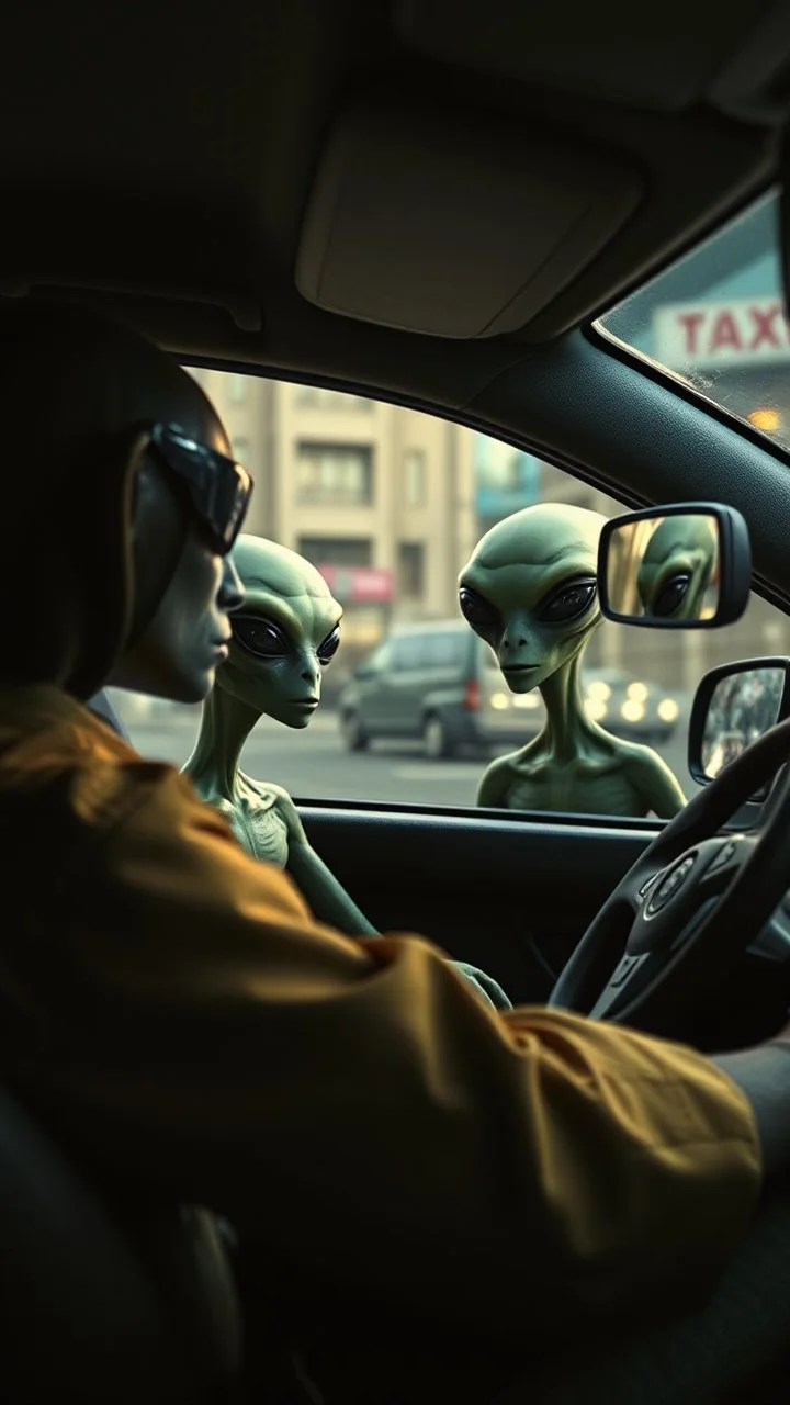 aliens sitting in an taxi car and the driver looking at them in the mirror