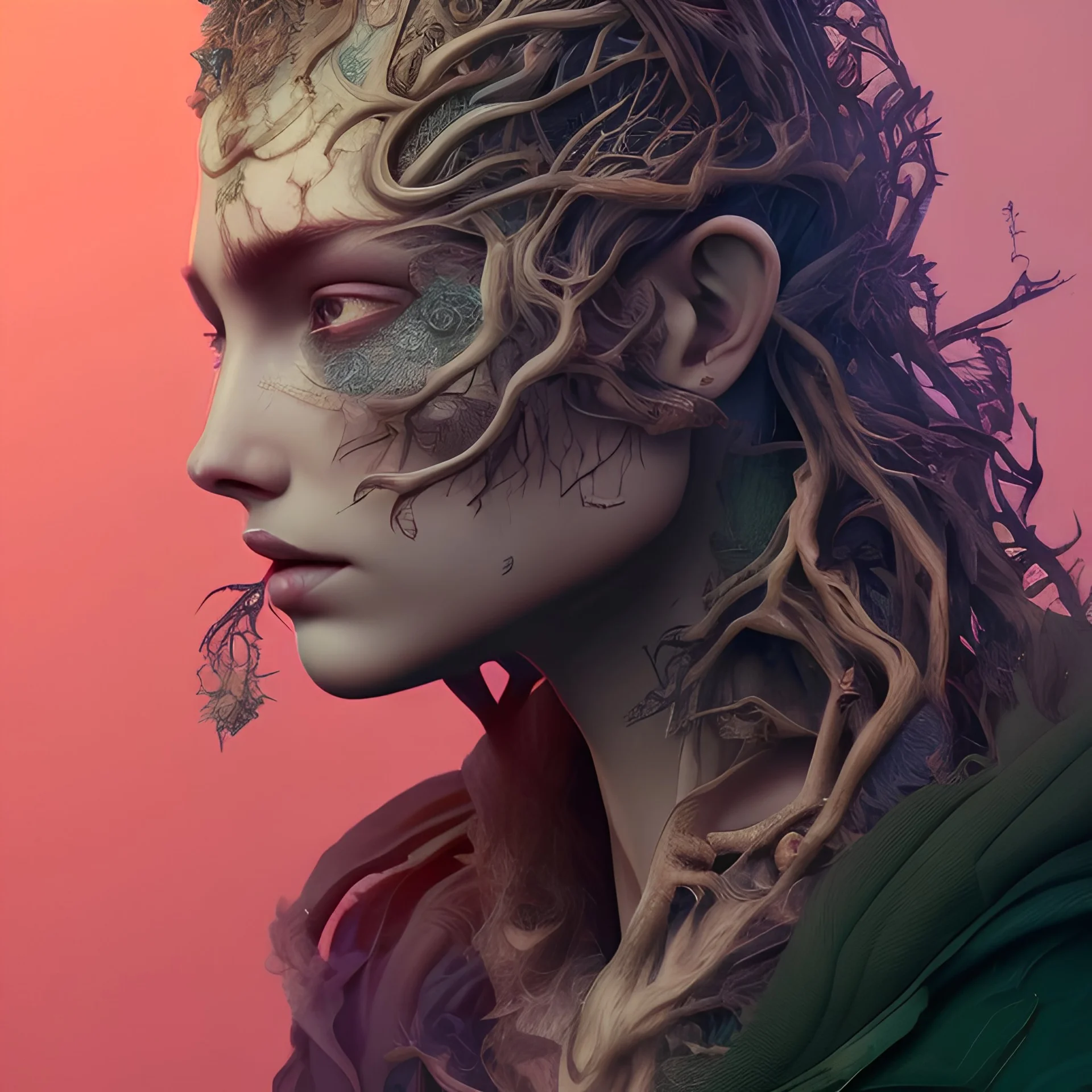 "full face tattoo of leaves and gnarled branches extending past face and morphing into reality, color tattoo, 8k resolution, high-quality, fine-detail, intricate, digital art, detailed matte, volumetric lighting, illustration, octane render