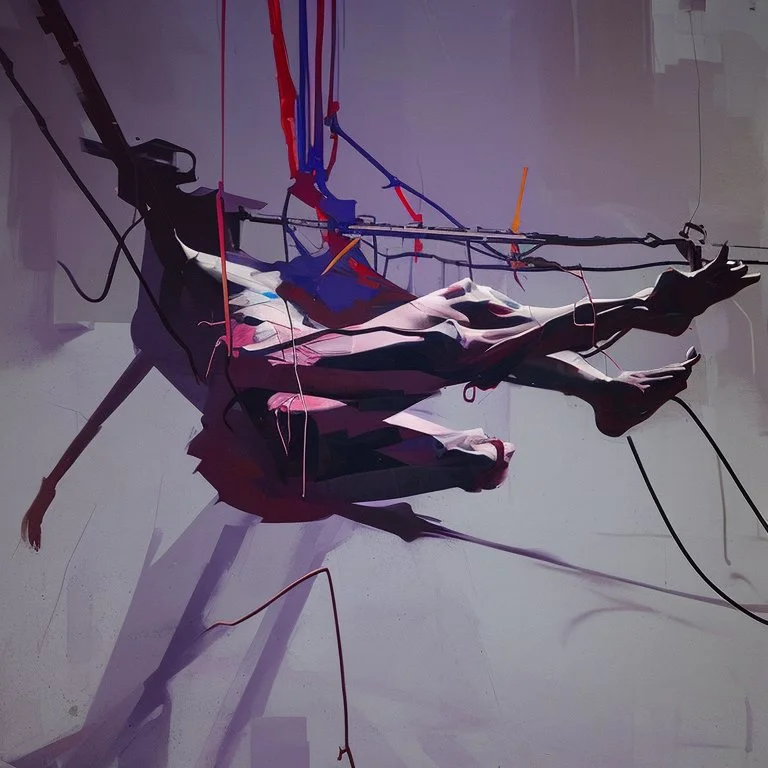 Minimal abstract oil painting of a falling person limbs sinew twisted .triadic colour. Amongst concrete fragments brutalist architecture and hanging wires illuminated at night. In the style of Justin Mortimer and Phil Hale and Ashley Wood