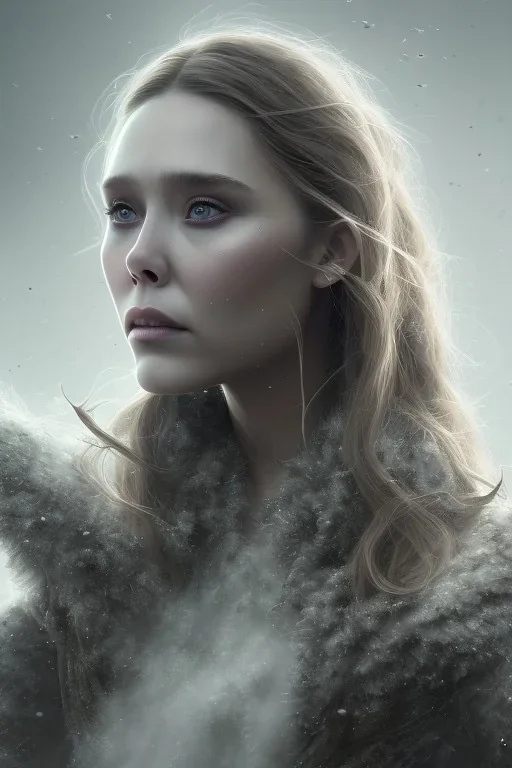 clouds of gray fog as Elizabeth Olsen’s face, dissolving, disintegrating, 8k resolution, realistic, intricate, 8k resolution, high-quality, fine-detail, digital art, detailed matte, volumetric lighting, dynamic lighting, photorealistic