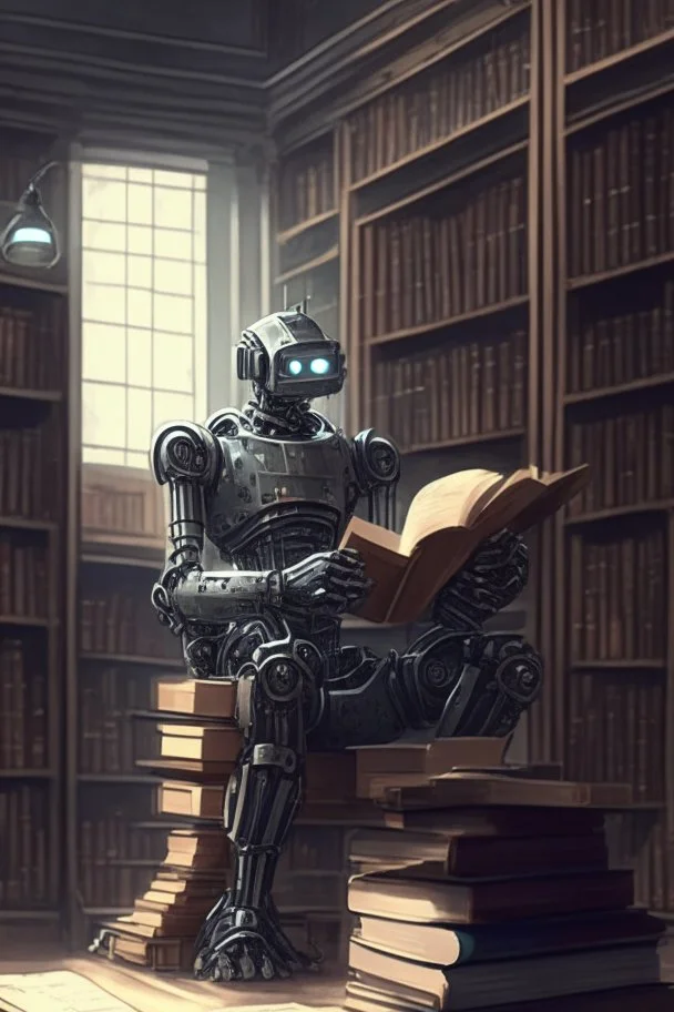 A huge library is serviced by computers, and there are many books on the shelves. The robot is sitting on a chair at the table and holding an antique book in his hands. Expression. High-quality drawing, 8K