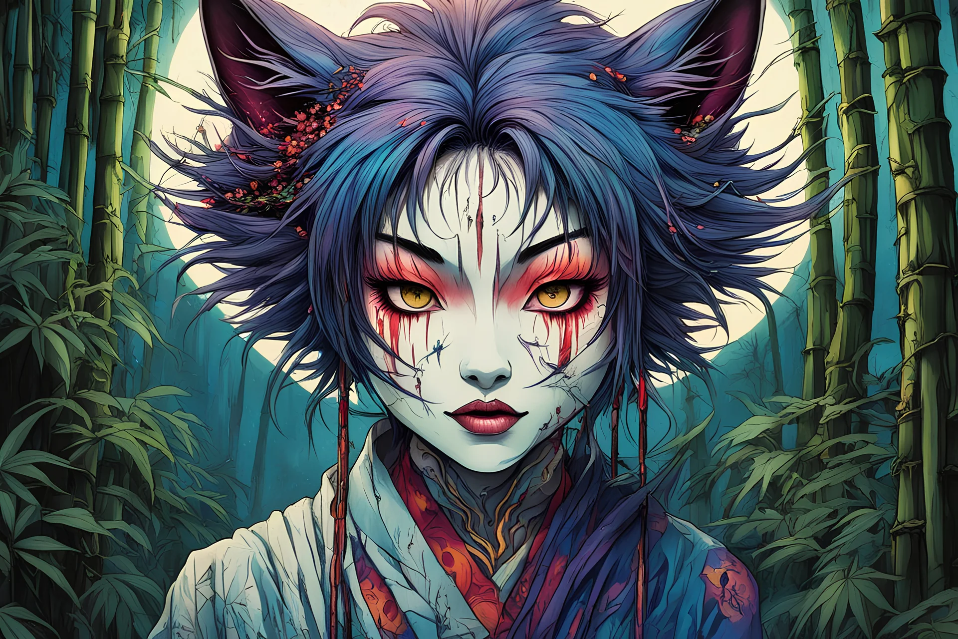 full color front facing portrait of a Bakeneko woman with highly detailed hair and slim, narrow facial features, in a haunted mountain bamboo forest, pierced by shafts of moonlight , danger lurks everywhere but she is undeterred and resolute in her purpose, art in the style of Alex Pardee, spirited away, studio ghibli, , 8k , finely detailed and precise line work, soft natural Spring colors