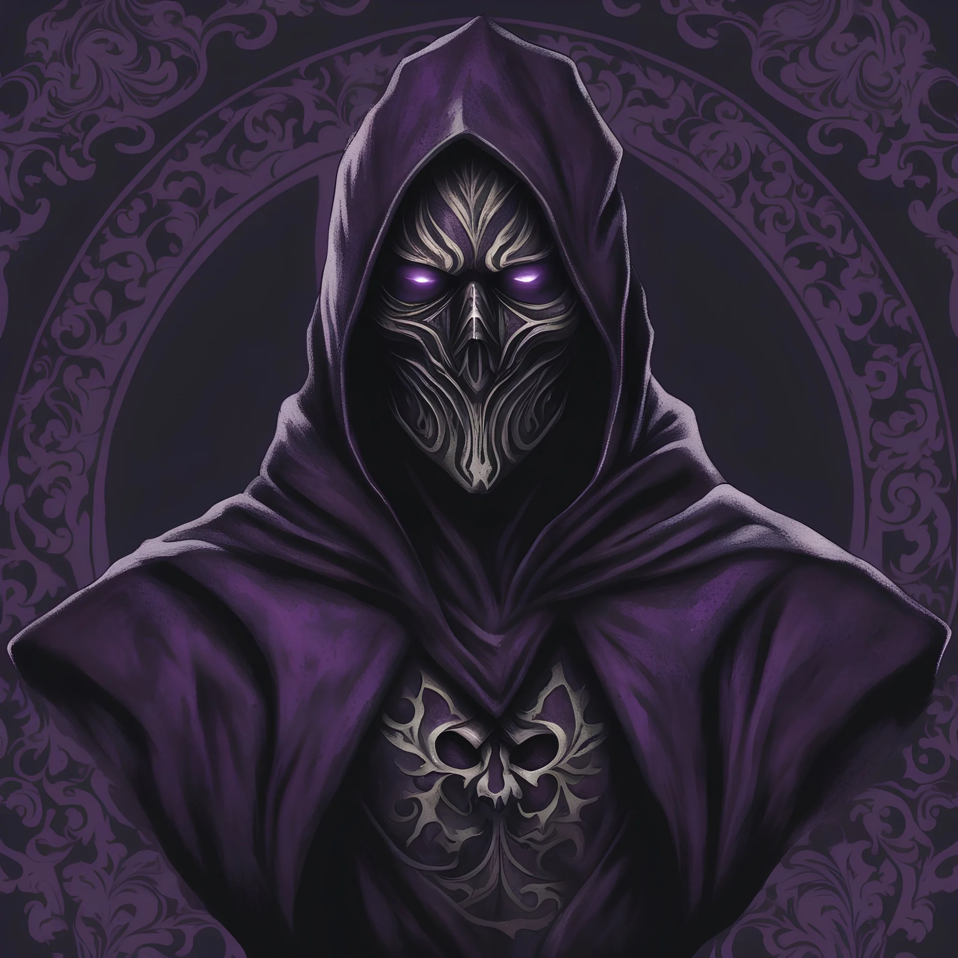 warlock, black mask with ash purple patterns, black robe with ash purple patterns, dark, ominous, ash purple, grey background