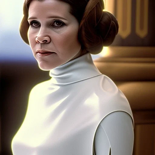 wide angle stunning photo realistic portrait of carrie fisher as Princess Leia in star wars with photo realistic fine and very simple hairstyle, brown eyes, eos5d mark 4, ef 85mm 5.6, professional majestic photo realistic painting by Ed Blinkey, Atey Ghailan, by Jeremy Mann, Greg Manchess, Antonio Moro, trending on ArtStation, Intricate, High Detail, Sharp focus, dramatic, by greg rutkowski, realism, beautiful and detailed lighting,