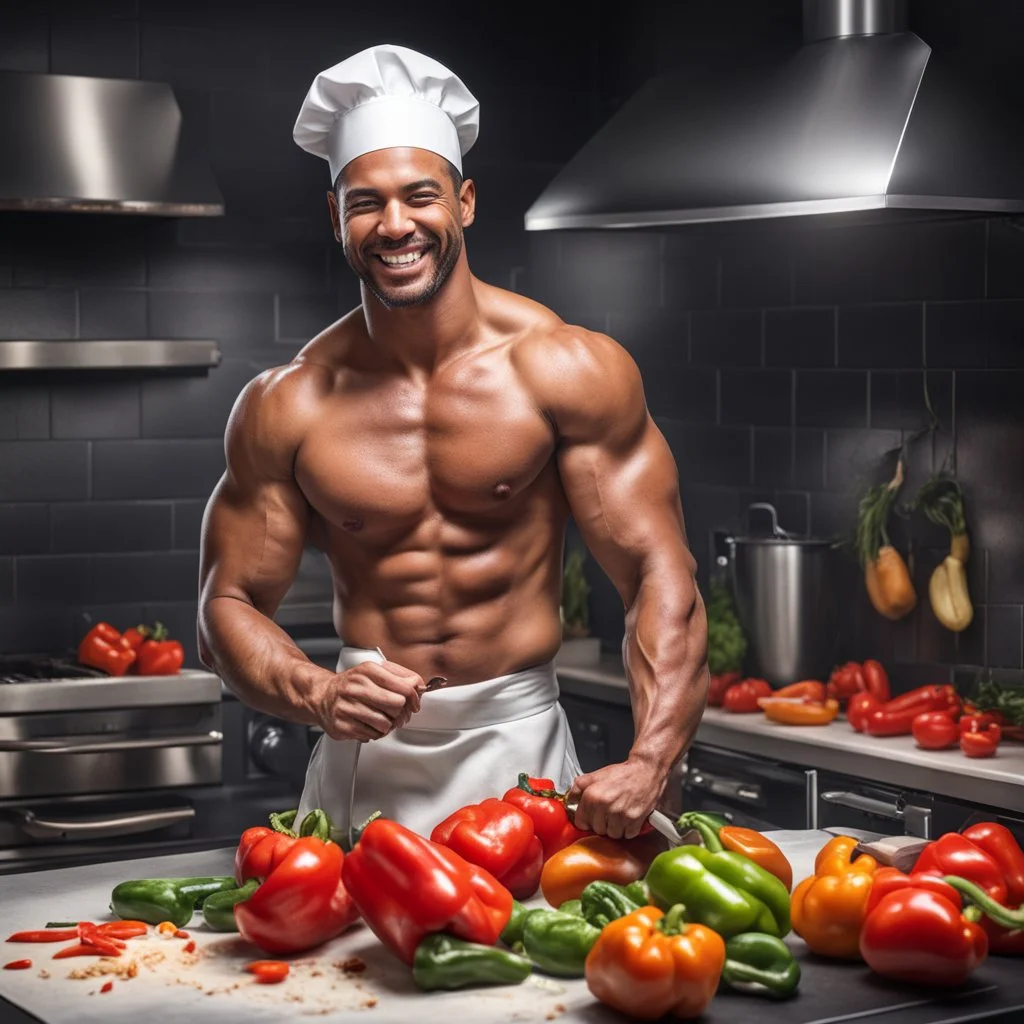 Hyper realistic very handsome shirtless muscular short black hair male chef smiling & cutting capsicums in a dark kitchen