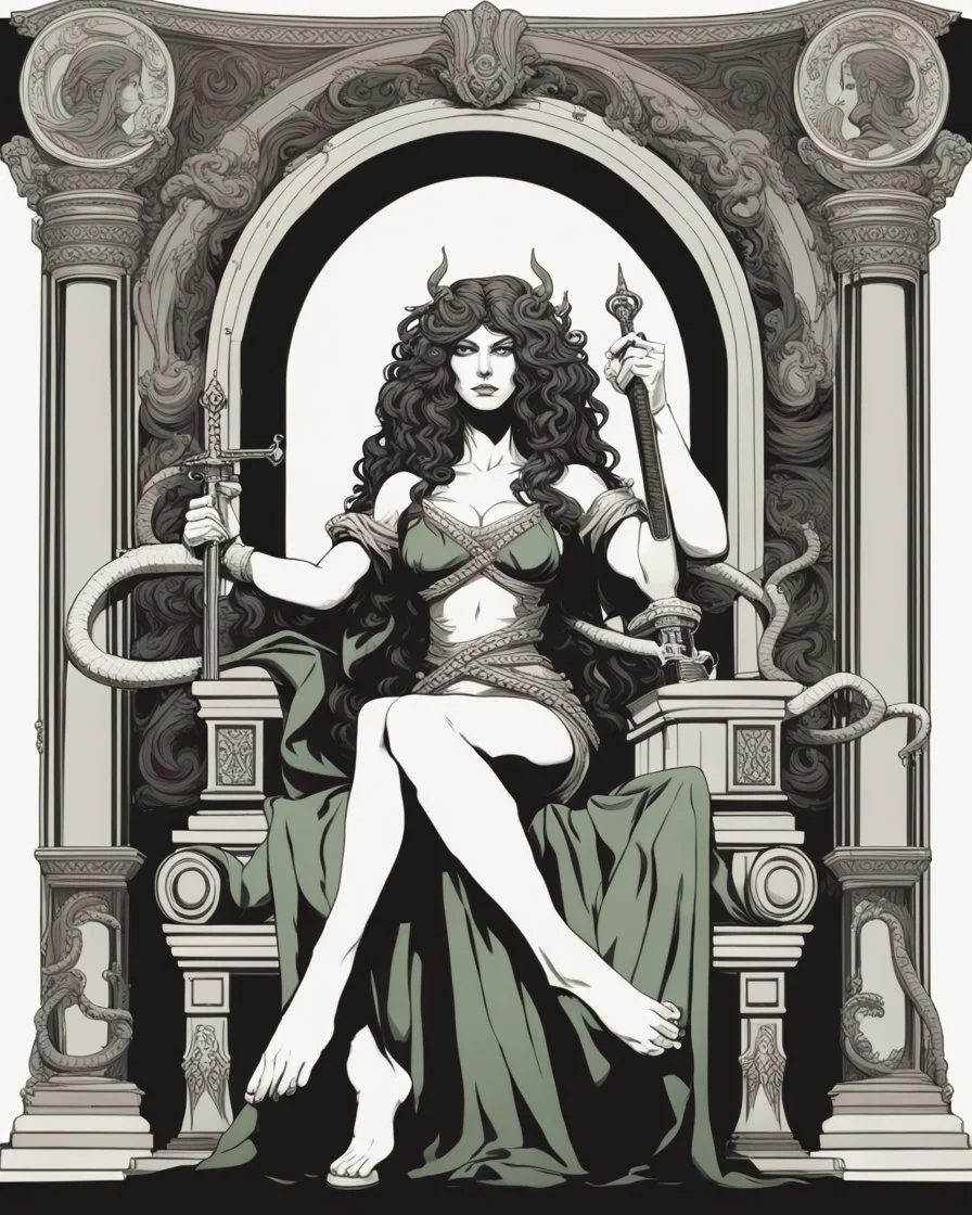 full-length, detailed persona, sword in hand, gorgon medusa, sitting on a throne in a relaxed pose