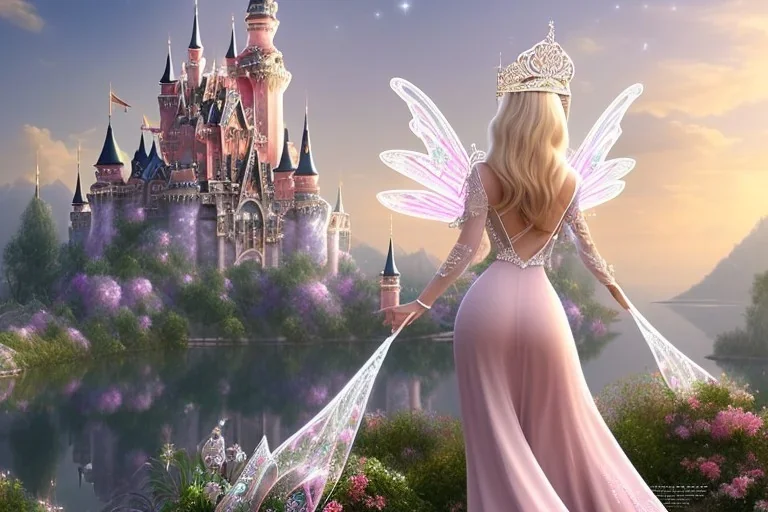 castle in background, beautiful, soft, big smiling, straight and long blonde hair, dewy and shiny atmosphere, diamond crown, long fairy wings in the back, full head, pink veil clothes