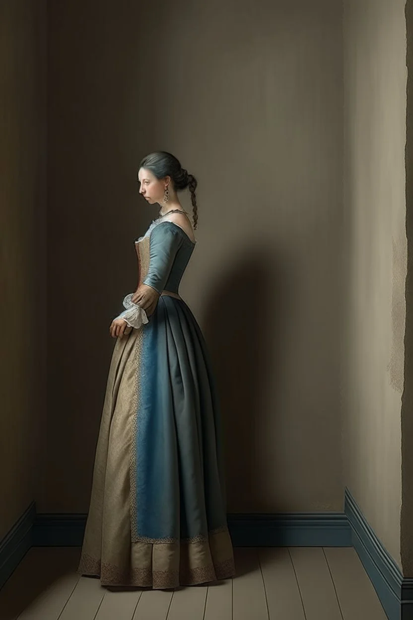 woman with XVIII siecle dress leaning against the wall, realistic style, full figure frontal view