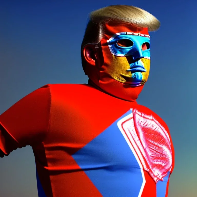 realistic image of donald trump as a mexican wrestling fighter posing, Mexican eyes wrestling mask, red and blue mesh bodysuit, retro style, 80s, vibrant color, highly detailed, sky background, concept art, unreal engine 5, god rays, ray tracing, RTX, lumen lighting, ultra detail, volumetric lighting, 3d, finely drawn, high definition, high resolution.