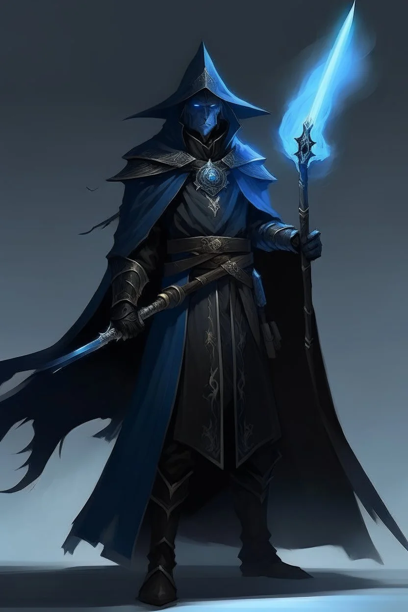 The commander wears a black cloak and a long coat with long combat boots and a long spear with a hat under his cloak with blue flame eyes, a sword like a spear