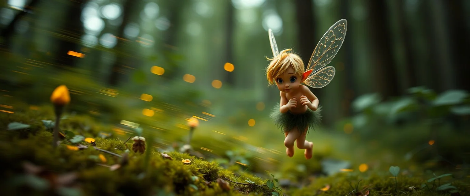 close up on pixie quickling with background motion blur, in magical forest scene, in the style of Rembrandt