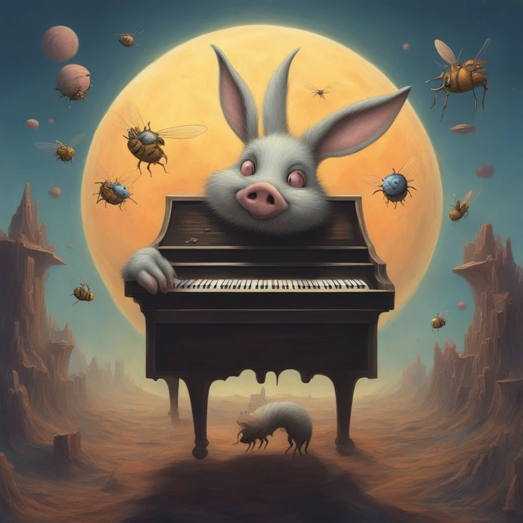 bugs bunny composer piano, diffrent planet, one swine pig piggy flying wasp angel, beksinski style