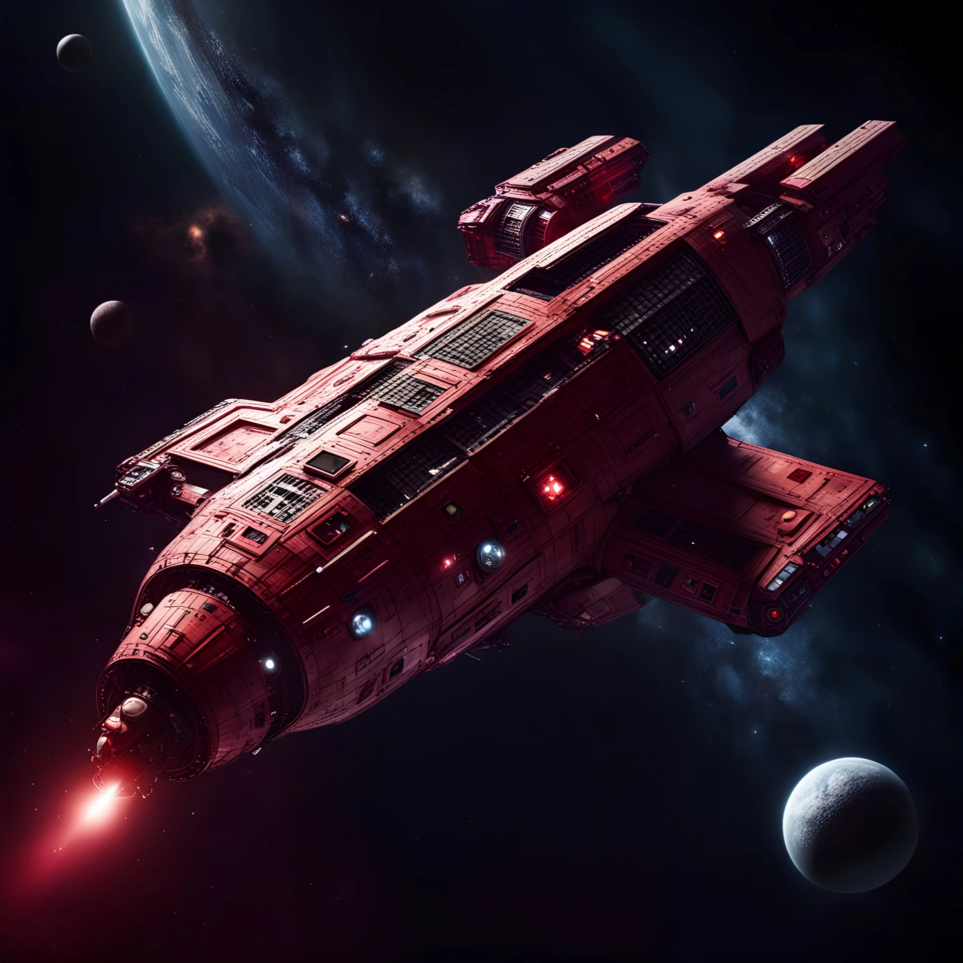 dark Red mining spaceship in deep space