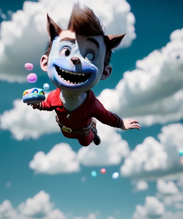 Ultra realistic clouds sky scene, medium shot view, portrait, sweet monster Childs free jumping flying, trinkets, jelly beans, inflatable helmet, smile, happy, Wes Anderson style, Peter Pan, inflatable color clothing, extreme, wind, clouds sea, 20,000 feet altitude, stratosphere, soft color, highly detailed, unreal engine 5, ray tracing, RTX, lumen lighting, ultra detail, volumetric lighting, 3d, finely drawn, high definition, high resolution.