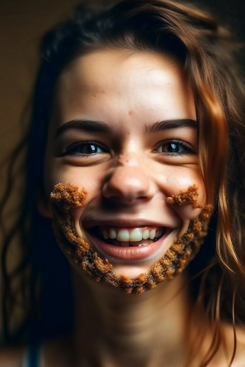 mujer con brackets, cara peluda y muchos granos de acné