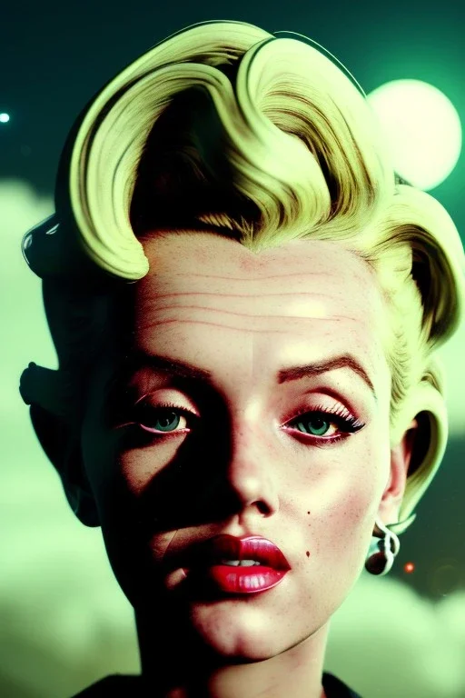 Ultra Realistic retro sci-fi scene, portrait, blonde woman, sweet young Marilyn Monroe face, perfect iris, tight latex coat, Strange planet background, Retro sci-fi style helmet, trees, plants, birds, fog, rain, soft color, highly detailed, unreal engine 5, ray tracing, RTX, lumen lighting, ultra detail, volumetric lighting, 3d, finely drawn, high definition, high resolution.