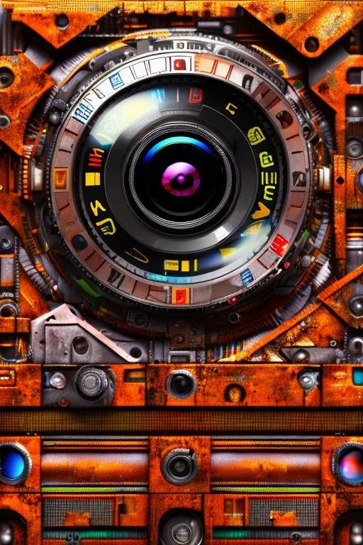 futuristic pinhole camera in Kente, rusted clocks lens, cinematic, scaffolding, cyberpunk, 8k quality