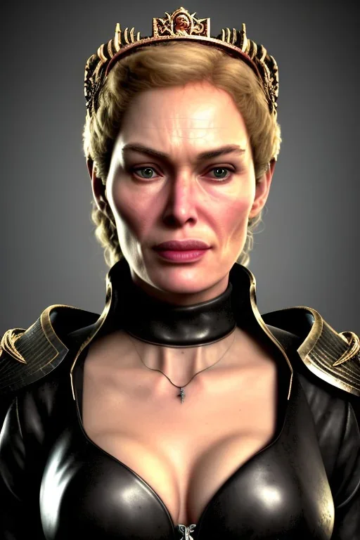 Cersei Lannister as evil queen in black leather coat, busty, cleavage, voluptuous, lena headay, angry, stern look. character design by cory loftis, fenghua zhong, ryohei hase, ismail inceoglu and ruan jia. unreal engine 5, artistic lighting, highly detailed, photorealistic, fantasy