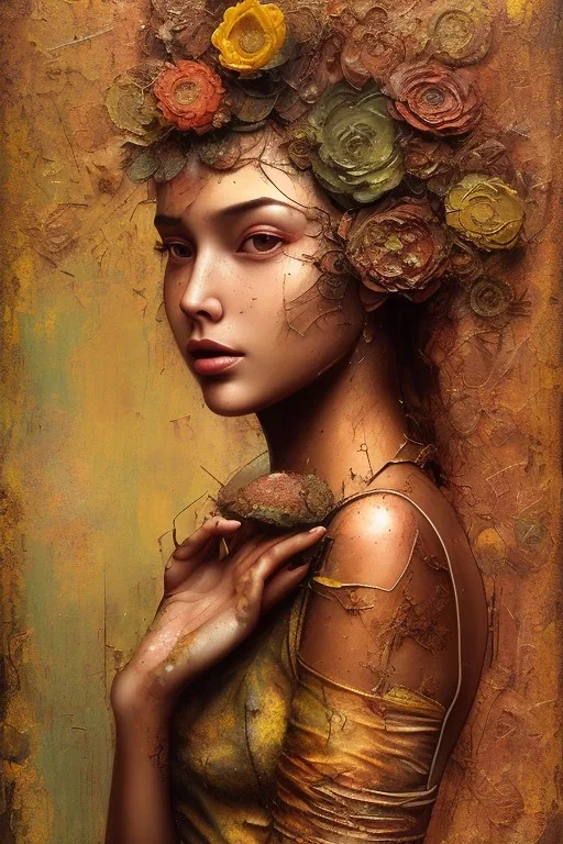 an abstract painting of rusted metal and flowers and beautiful girl portrait, rust, scaffolding, iron cladding, decay, mixed media, textured, anatomically correct, beautiful perfect face, sharp focus, highly detailed