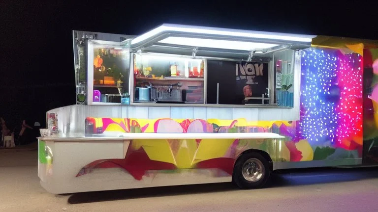 modern looking food truck that has a bunch of flashy lights and fireworks