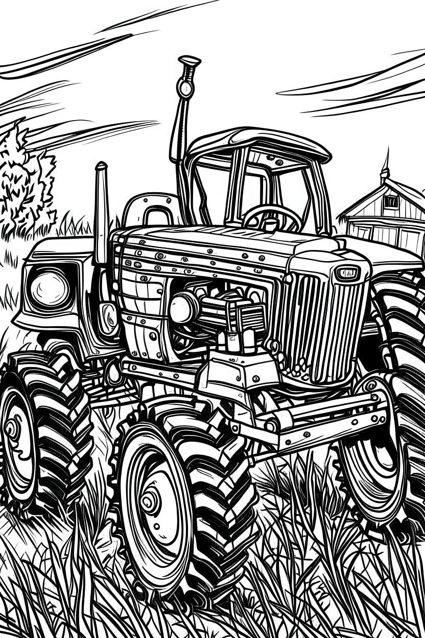 Outline art, no shading, tractor vehicle , cartoon style, black and white, low detail, --ar 9:11