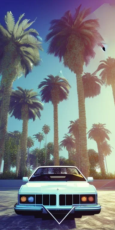 1980's aesthetic vaporwave palm trees with spheres and car