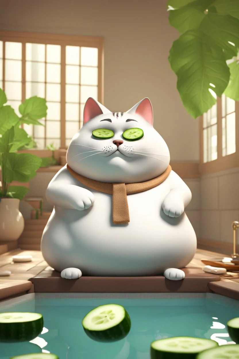 A fat palace cat getting a message in a spa, with cucumbers on eyes, relaxing,3d animation ,funny