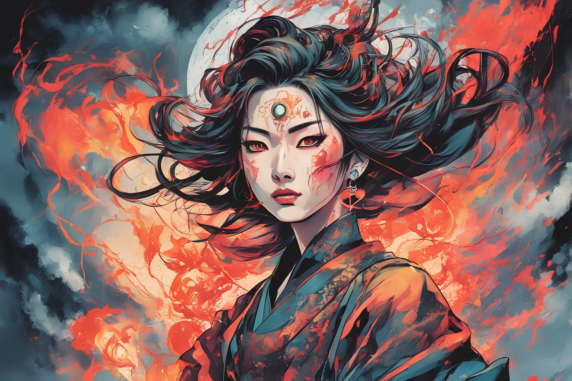 create an abstract expressionist full body illustration of a darkly magical, raggedly clothed Japanese sorceress with highly detailed and deeply cut facial features, searing lines and forceful strokes, precisely drawn, boldly inked, with rich striking sky colors